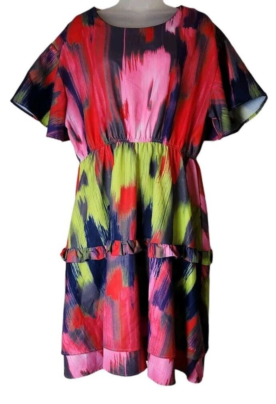 N By Nancy Ruffled Tiered Colorful Dress Plus Sz 2XL Flutter Sleeves Party Artzy